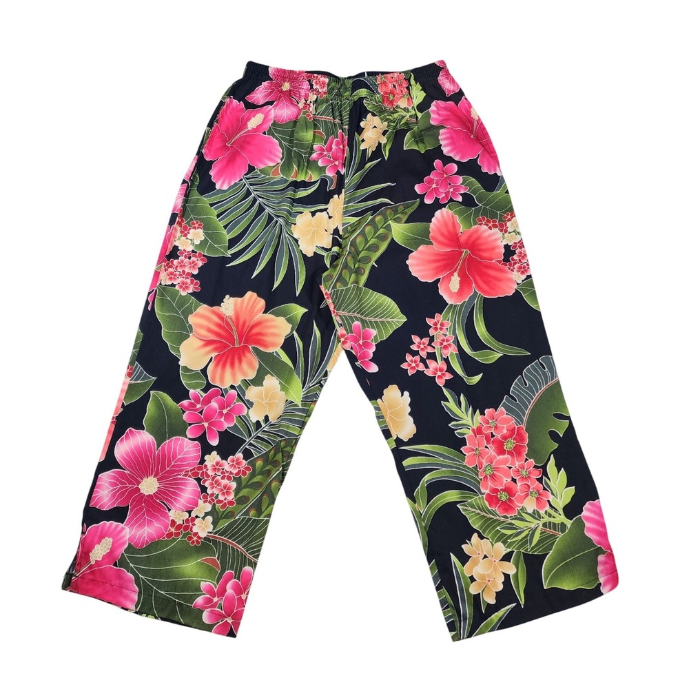 Hawaiian Reserve Collection Capris L Multi Floral Tropical Cotton Pull On Pants‎
